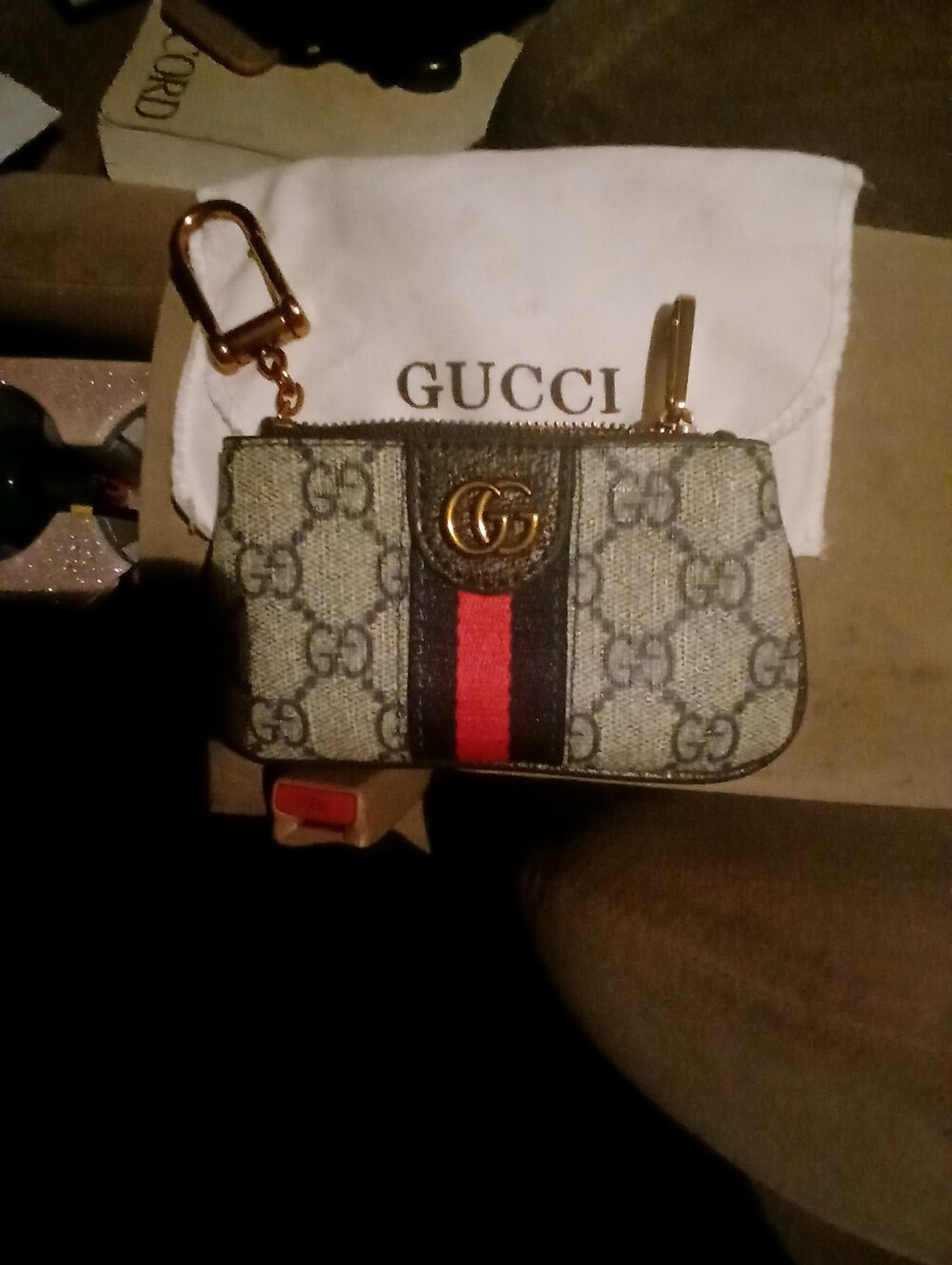 Gucci Beige GG Supreme Mini Pouch with Red and Blue Web